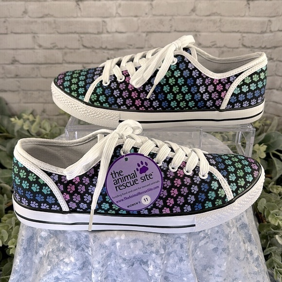 Animal Rescue Multicolor Paw Print on Black Canvas Lace-up Sneakers WMS 11M✨NWT✨ - Picture 4 of 10
